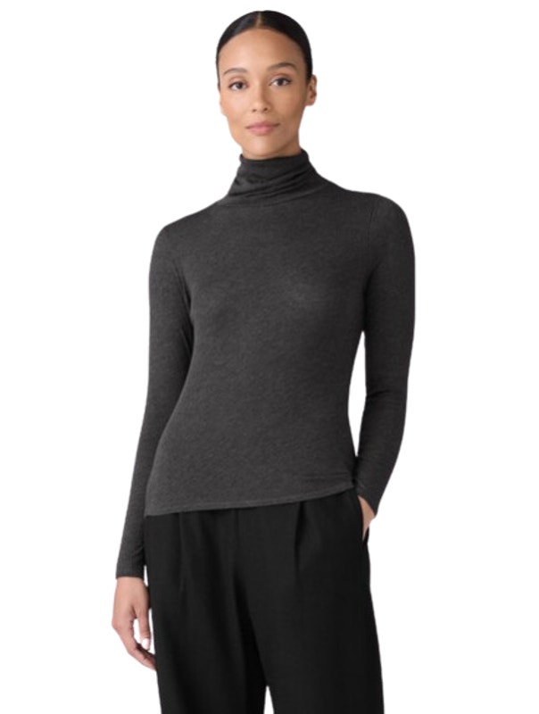 Eileen Fisher Sheer Knit Turtleneck Top Small Charcoal Snug Fit Long Sleeve